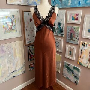 Abercrombie & Fitch Brown Copper Satin Lace Trim Slip Dress Maxi Coquette XS